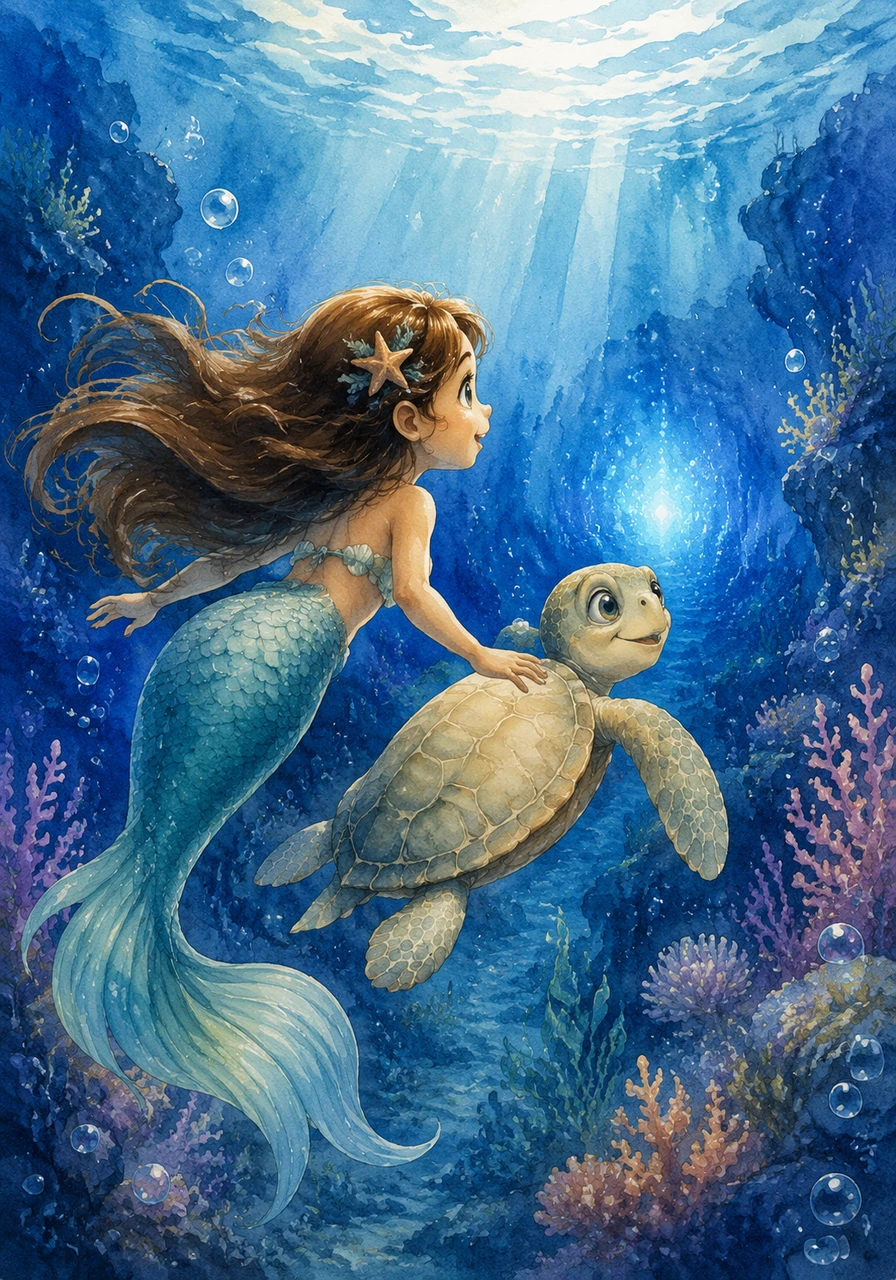 Filled with curiosity and excitement, Mina immediately swam toward the mysterious glow. Along the way, she met a friendly sea turtle named Toby, who happily offered to join her on this thrilling underwater quest.