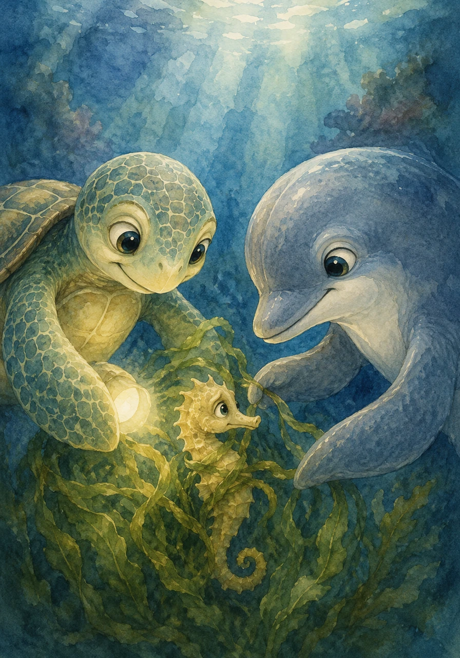 As the two friends traveled deeper into the ocean, they noticed a tiny, frightened seahorse hopelessly tangled in a dense patch of green seaweed. Working carefully together, Mina and Toby freed the little creature, who chirped a joyful thank you before swimming away.