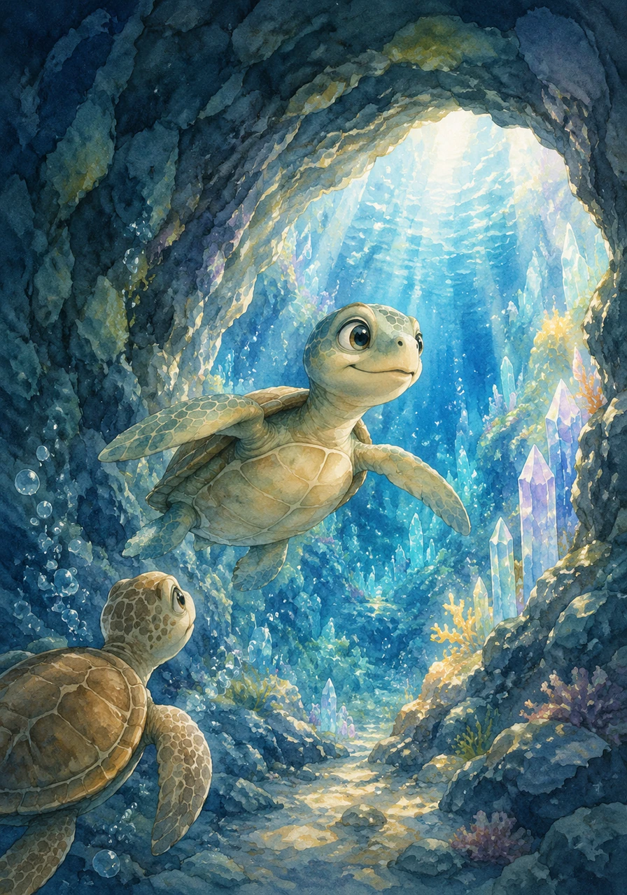 Soon, their journey led them to the mouth of a magnificent, hidden underwater cave where the dazzling light originated. Mina felt a sudden flutter of nerves, but she took a deep breath, gathered her bravery, and swam inside.