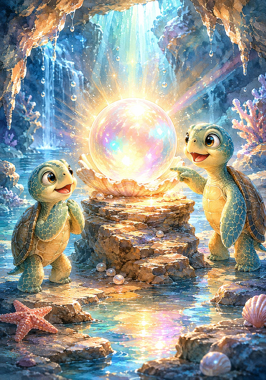 Inside the cavern, Mina and Toby gasped in awe as they discovered a giant, radiant pearl sitting upon a natural stone pedestal. Its magnificent, shimmering light illuminated the entire cave with an array of breathtaking colors.