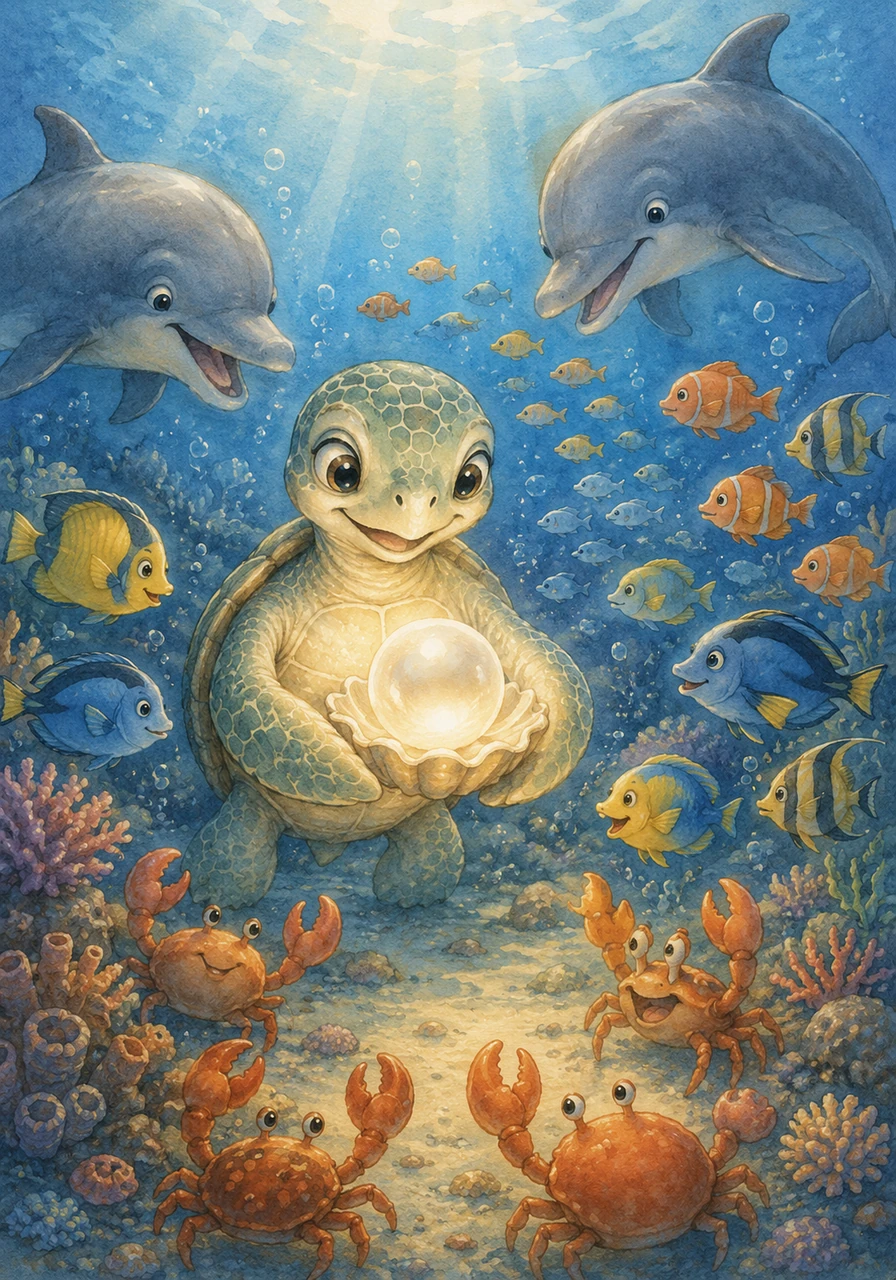 Realizing such beauty shouldn't be hidden away, Mina gently carried the glowing pearl out to an open reef where everyone could appreciate it. Soon, schools of fish, playful dolphins, and curious crabs gathered together to admire the magical, sharing glow.