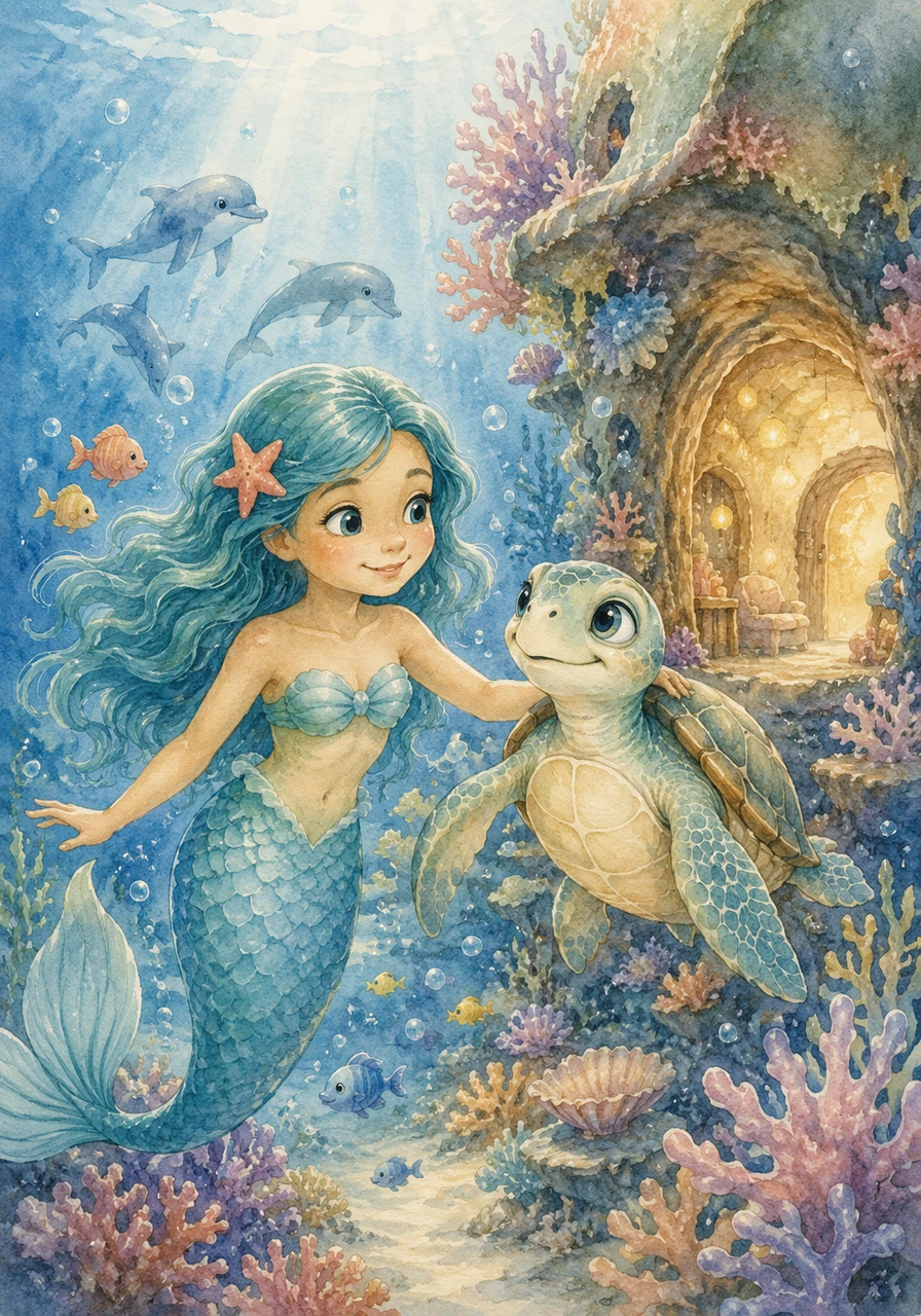 That evening, Mina swam back to her coral home with a warm smile and a happy heart. She realized that adventures are truly special when you help those in need and share your treasures, earning her a reputation as the kindest mermaid in the sea.