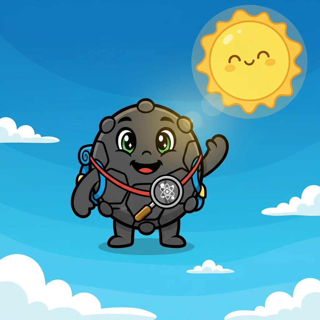 Carbony, a tiny carbon atom, floated in the vast, blue sky. He felt the warmth of the Sun, a giant glowing ball of energy, shining down on him. The Sun was his friend, the one who set him on his incredible journey. Carbony felt excited about what adventures awaited him.