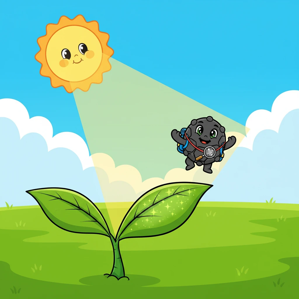 Suddenly, a beam of sunlight reached down and pulled Carbony towards a lush green field. He was being welcomed by the Sun to a plant, a green friend, where he would be used as food. The plant's leaves absorbed the sunlight and used Carbony to grow, transforming him into something new.