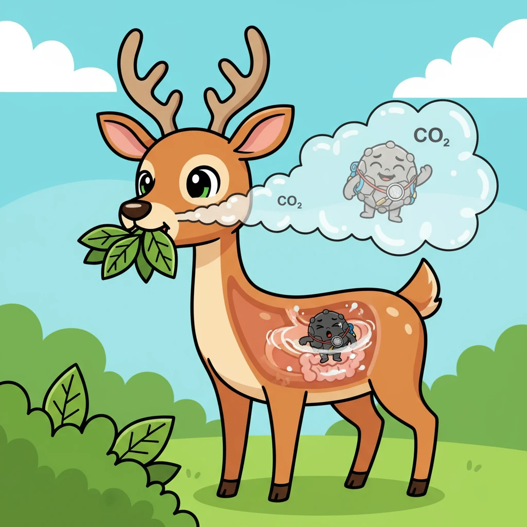 A curious deer munched on the leaves, and Carbony was consumed. Now, Carbony was inside the animal's body. The deer breathed, and Carbony was released as carbon dioxide, ready to return to the atmosphere, continuing his cycle.