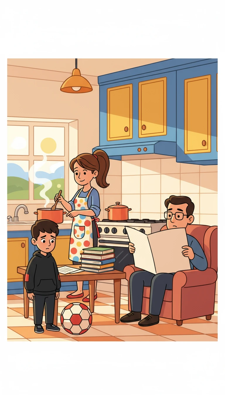 Dans la cuisine chaleureuse, Nadia, la maman d'Adam, préparait le petit-déjeuner tandis qu'Imad, son père, lisait le journal. L'école était devenue un défi pour Adam qui préférait le ballon rond aux devoirs. L'atmosphère à la maison commençait à se tendre.