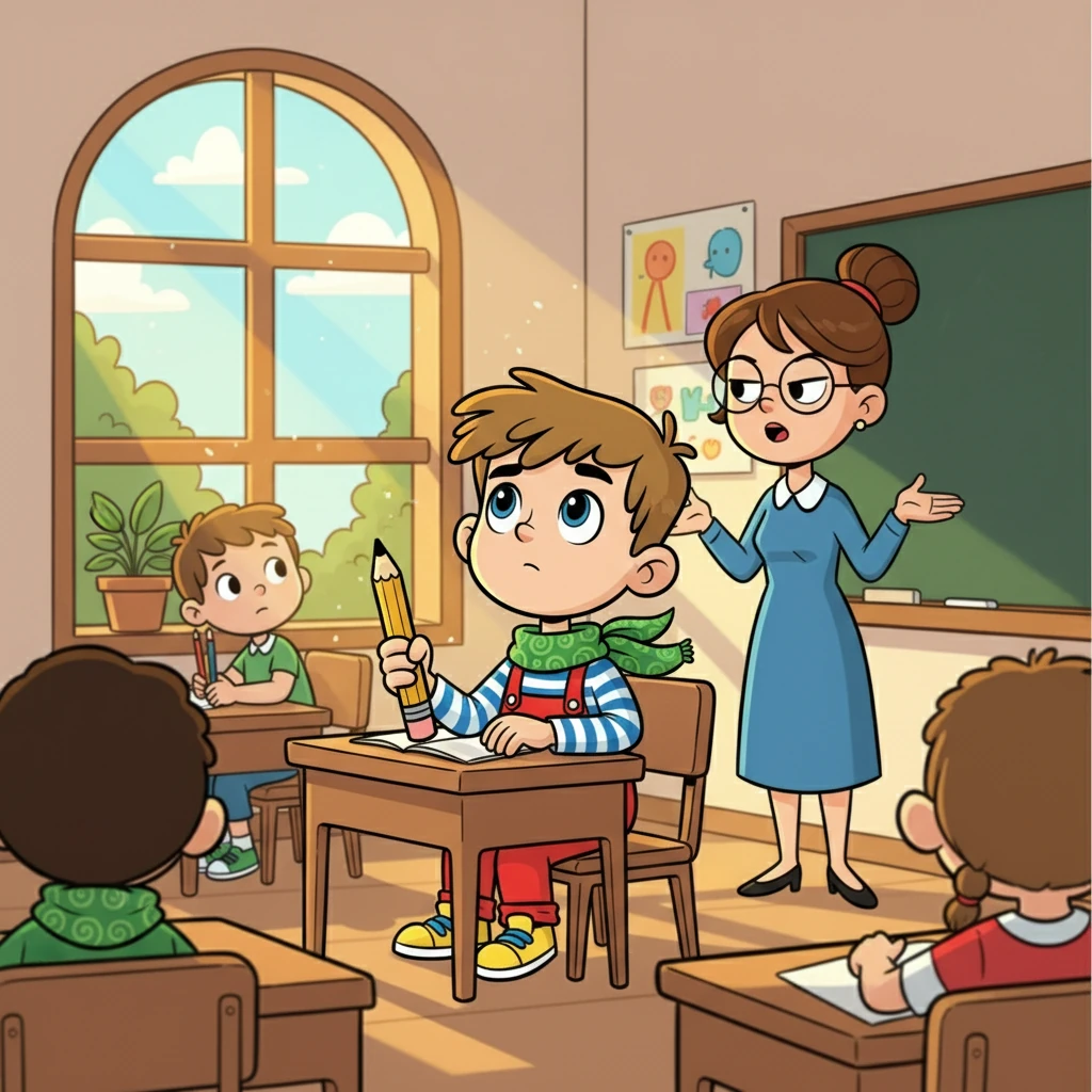 Théo, un petit garçon aux yeux brillants, était assis à sa table d'écolier.  Le soleil brillait à travers la fenêtre, invitant à l'évasion. Mais à l'intérieur de la classe, l'institutrice parlait.
