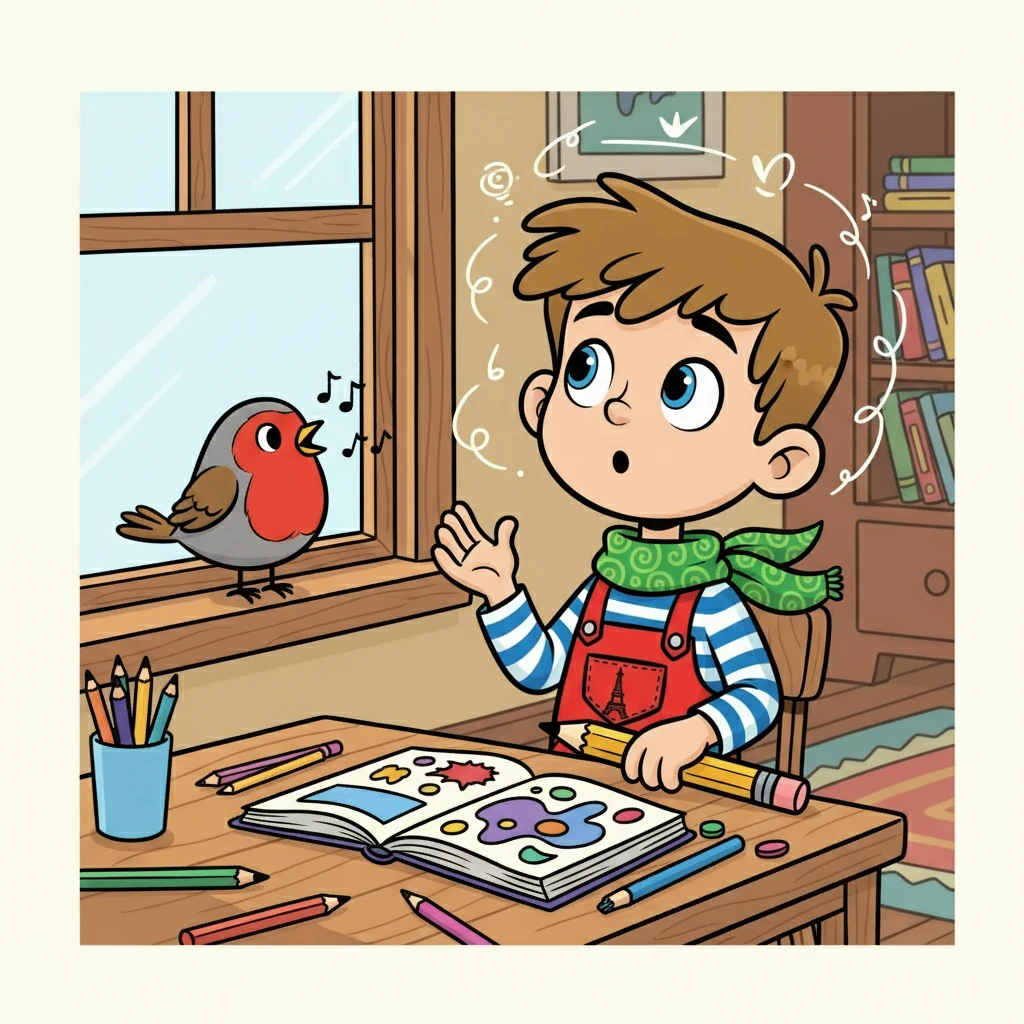 Un oiseau, un rouge-gorge, s'est posé sur le rebord de la fenêtre, chantant doucement. Théo a immédiatement levé les yeux, captivé par le petit oiseau. Son esprit s'est envolé avec lui, loin des leçons.