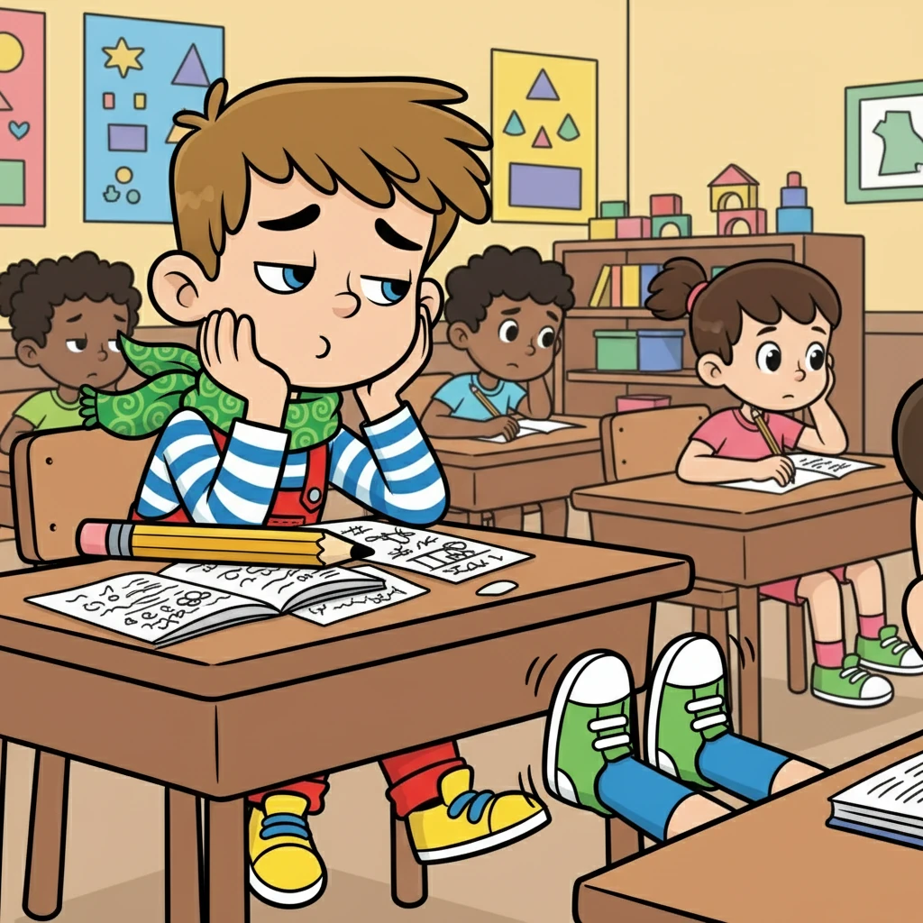 Dans la classe, un autre élève jouait avec ses pieds. Le mouvement a attiré l'attention de Théo. Il a soupiré, son attention était ailleurs, loin des chiffres et des lettres.