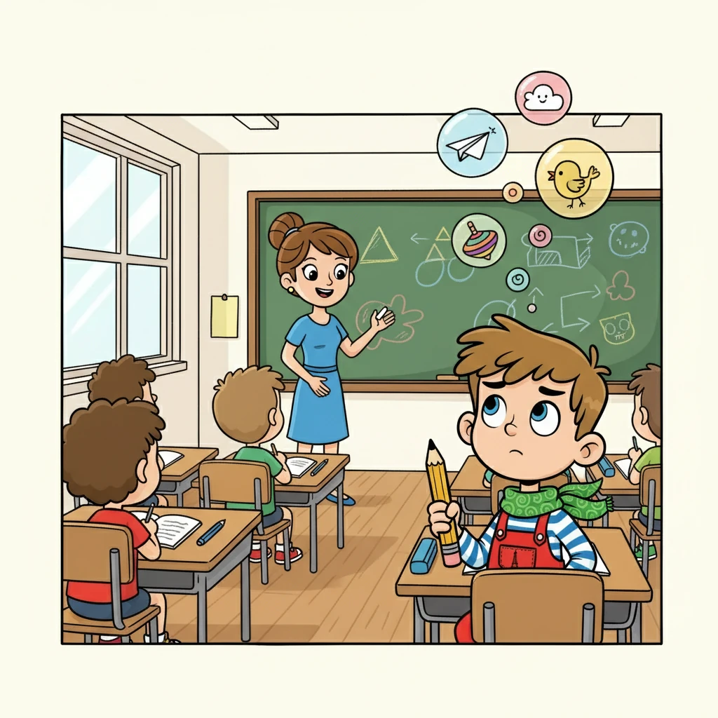 L'institutrice expliquait quelque chose d'important au tableau. Théo a essayé de se concentrer, mais c'était comme retenir le vent. Ses pensées, comme des bulles, s'échappaient.