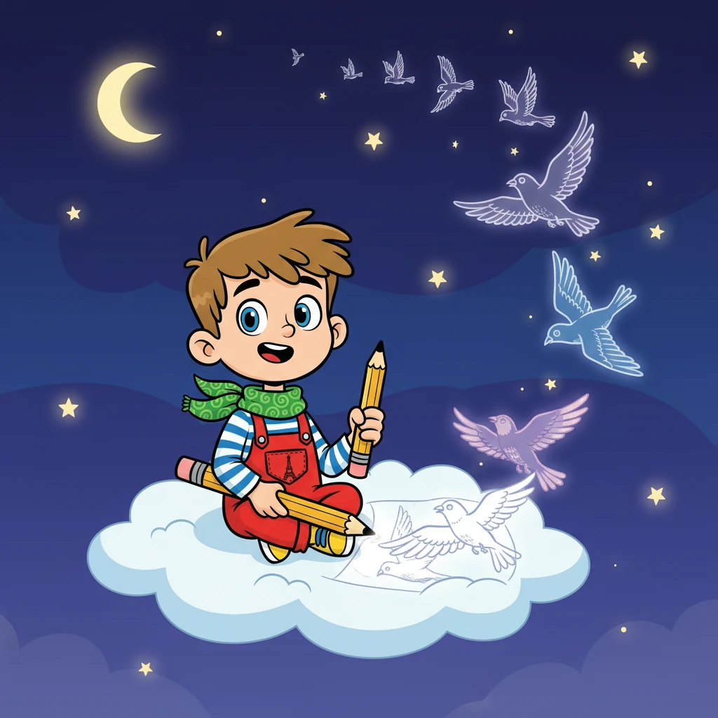 Le soir, Théo a dessiné un oiseau qui s'envolait. Il a compris que ses pensées étaient comme ces oiseaux, libres et belles. Il a décidé de trouver un moyen de les apprivoiser pour mieux grandir.