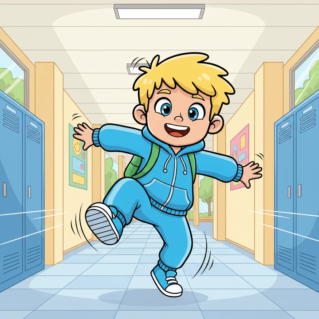 Nikodem, a bundle of energy, zoomed down the school hallway with a joyful bounce. His bright blue track suit highlighted his super athletic build, as he playfully dodged imaginary obstacles. A wide, cheerful grin spread across his face, radiating pure fun.