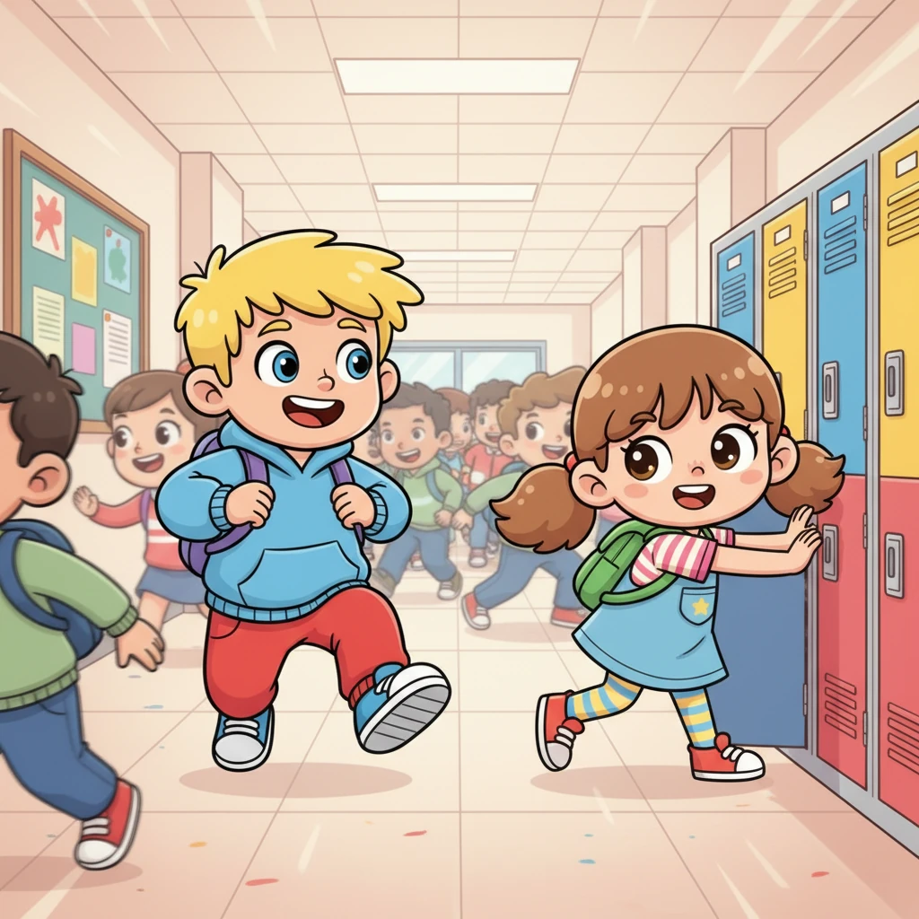 The hallway was a vibrant blur of students, all chattering and laughing, creating a lively symphony of school life. Nikodem, still full of zest, navigated the bustling crowd with ease, his steps light and quick. Ji Yeon slowly pushed off the locker, ready for their usual playful encounter.