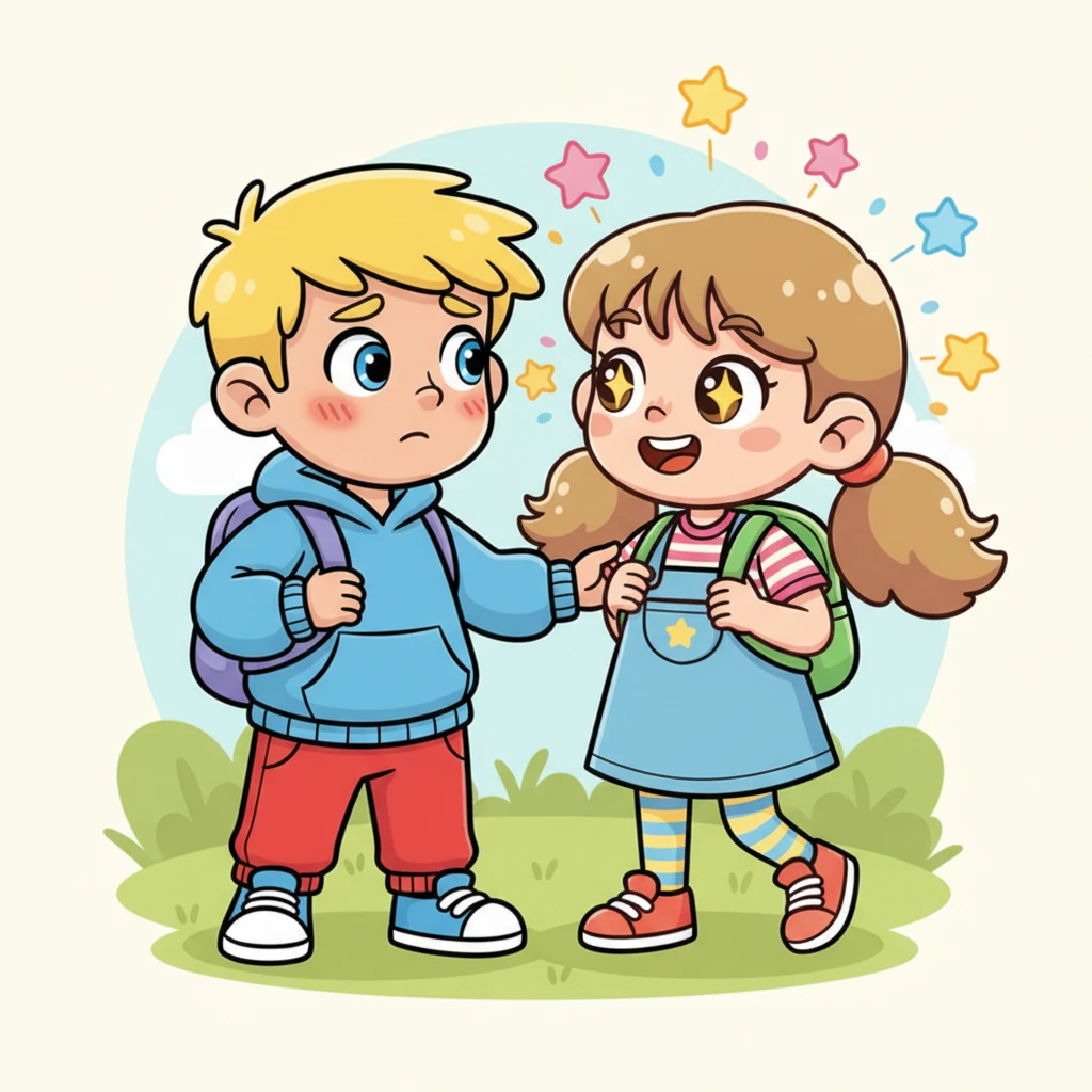 Their eyes met in a moment of bright, cartoonish stars and sparkles. Nikodem, momentarily flustered, quickly steadied her with a gentle hand on her arm. A blush crept onto his cheeks, while Ji Yeon's smile widened, her eyes sparkling with amusement and affection.