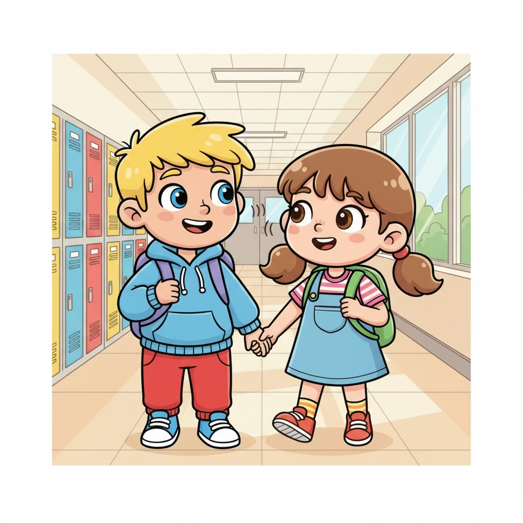 Hand-in-hand, they continued their stroll down the hallway, their fingers playfully intertwined. Their steps were synchronized, a happy rhythm echoing their connection. They exchanged soft whispers and shared secret smiles, completely engrossed in each other.