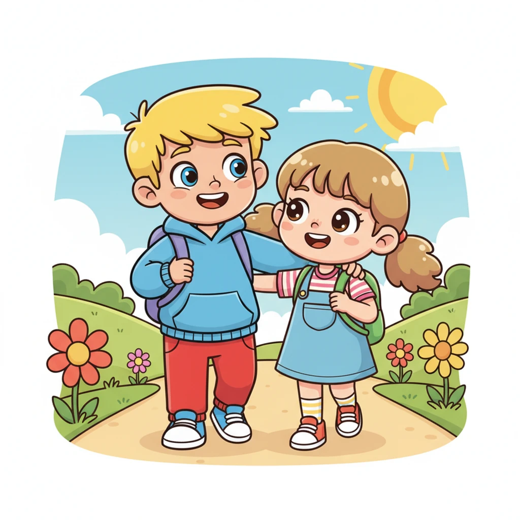Nikodem caught up, wrapping an arm around her shoulder. They walked out into the sunshine, their faces alight with joy and affection, their playful bond shining brightly for all to see. Their sweet, cartoonish love story was just beginning.