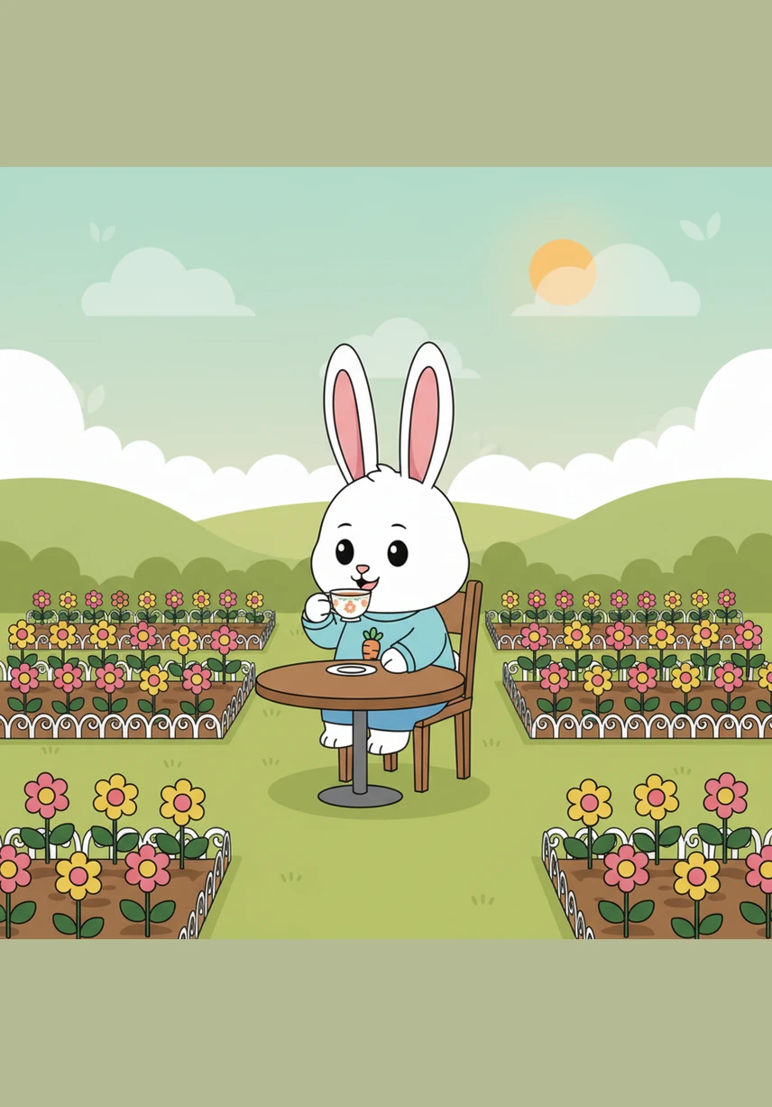 Lili the Bunny sat in her perfectly organized garden, sipping tea and admiring her rows of neat flowers. Everything was in its place, and the sun felt warm on her soft, white fur as she enjoyed the quiet afternoon.