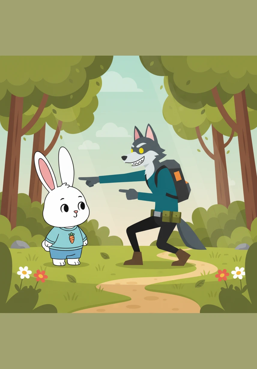 Suddenly, Bruno the Wolf bounded over the fence with a wide, toothy grin and a wagging tail. He was new to the forest and so excited to see his friend that he didn't notice his big paws landing right in the middle of Lili's flowerbed.