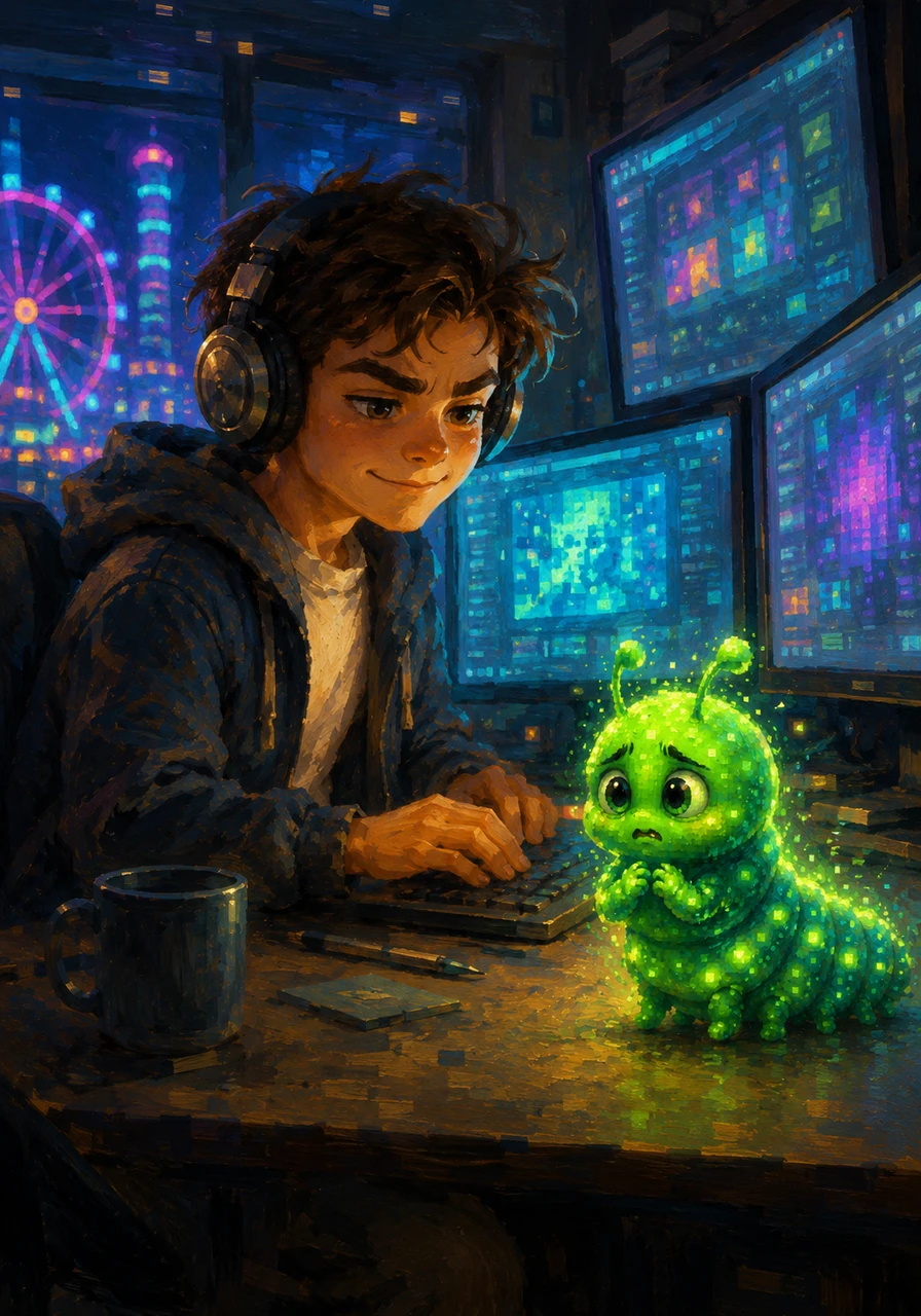 In the glowing, neon-lit city of Techville, Quentin sat before his massive glowing monitors, wearing his favorite cozy headphones. As a Quality Assurance engineer, his job was to explore every nook and cranny of new software to make sure everything worked perfectly. Tomorrow was the grand opening of the Pixel Carnival, and Quentin was the final line of defense against digital chaos.