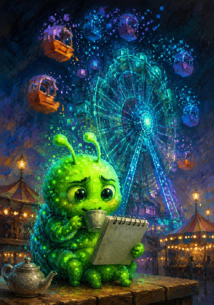 With a gentle sip of his warm tea, Quentin began his journey through the carnival's code, checking the digital Ferris wheel. Suddenly, he noticed the code bending strangely, causing the colorful Ferris wheel seats to float away into the binary sky. A mischievous glitch was at work, and Quentin's eyes narrowed with playful determination as he grabbed his digital notepad.