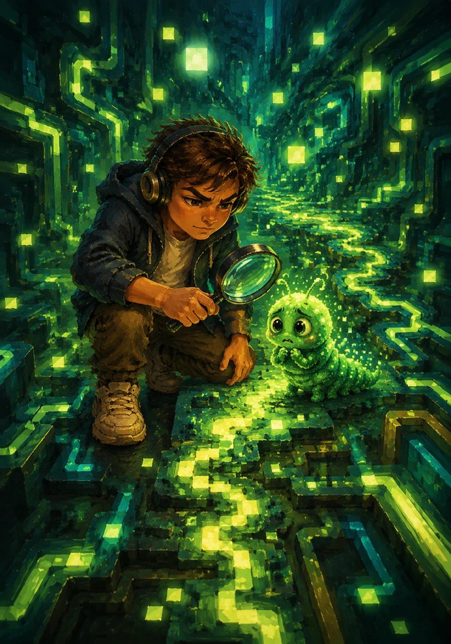 Quentin transformed his avatar into a digital detective, shrinking down to enter the glowing circuits of the software grid. He followed a trail of broken code snippets and upside-down text that led deeper into the neon labyrinth. Around him, glowing numbers floated like fireflies, hinting at the chaos the hidden bug was causing.