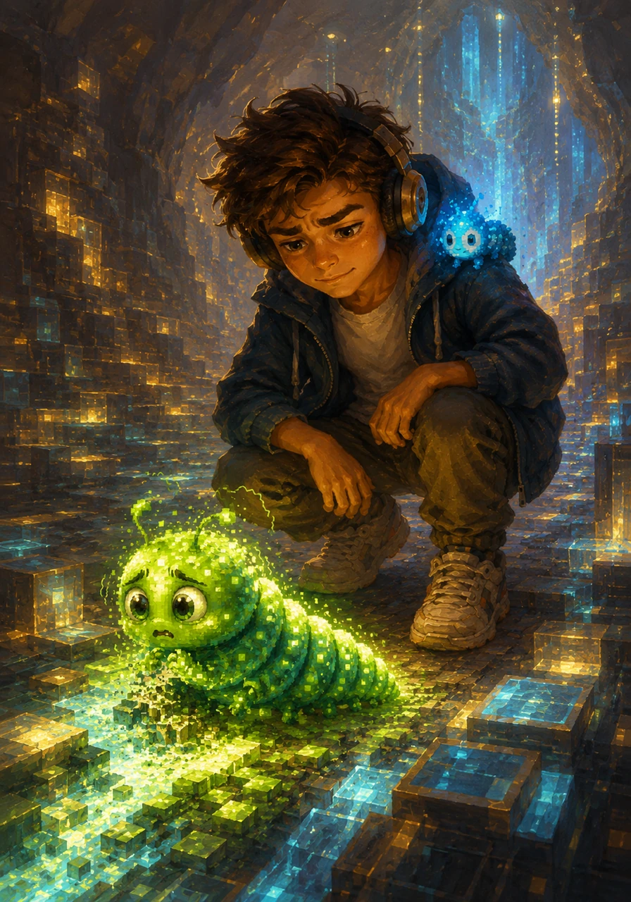 Deep inside the database valley, Quentin encountered a jittery, glowing neon green caterpillar made entirely of malfunctioning pixels. The little creature was chewing through lines of code, leaving a trail of stuttering animations and frozen screens behind it. Quentin realized this wasn't a malicious monster, just a confused bug that had lost its way in the system.