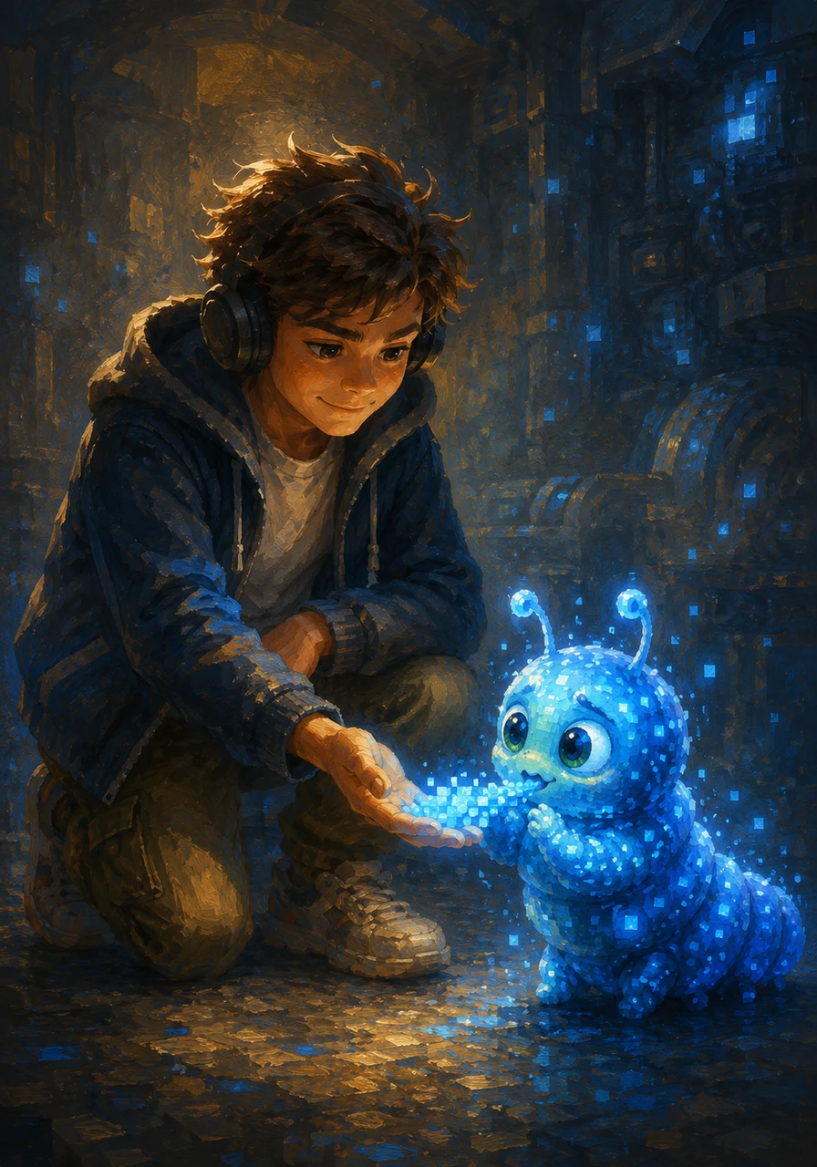Instead of deleting the bug, Quentin knelt down and offered it a perfectly formatted, clean patch of code to snack on. The jittery caterpillar calmed down, glowing a soothing blue color as it happily nibbled on the correct data. By understanding the problem instead of rushing to fix it, Quentin had turned a system threat into a helpful guide.