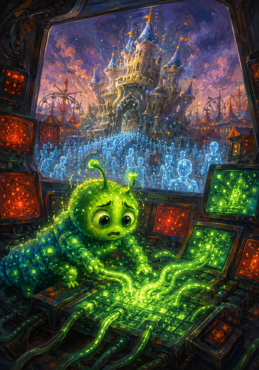 Quentin triggered a simulation of ten thousand digital avatars rushing through the carnival gates all at once. The screens around him flashed red as the system overloaded, causing the grand castle in the center to wobble like jelly. Working rapidly, Quentin adjusted the data pipelines, re-routing the traffic smoothly and turning the flashing red alarms back to a peaceful green.