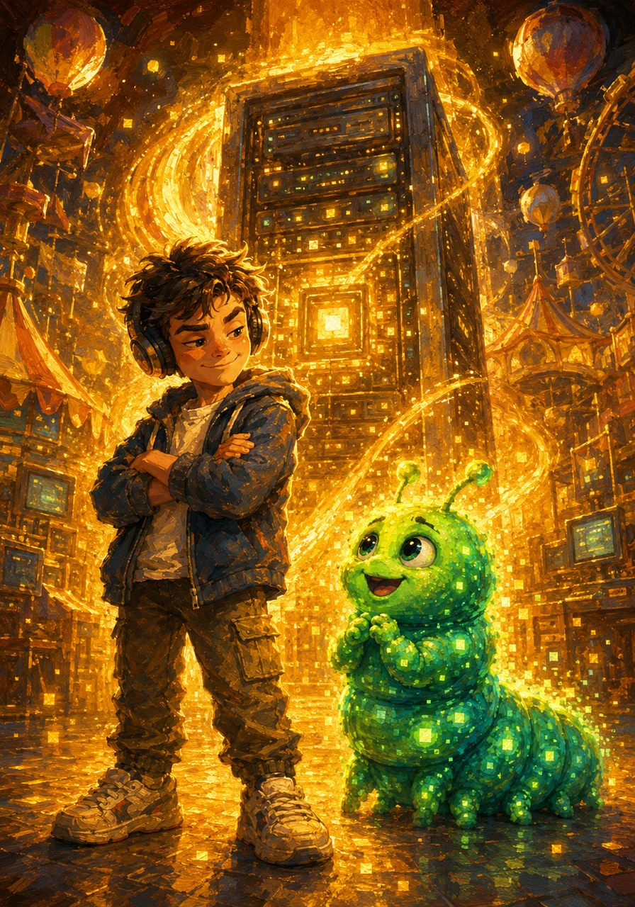 With the core system stabilized, Quentin and his new bug friend successfully patched the very last error in the main server terminal. A brilliant wave of golden light washed over the digital landscape, locking the clean code into place and restoring perfect harmony. The virtual carnival was finally safe, sturdy, and ready for the world.