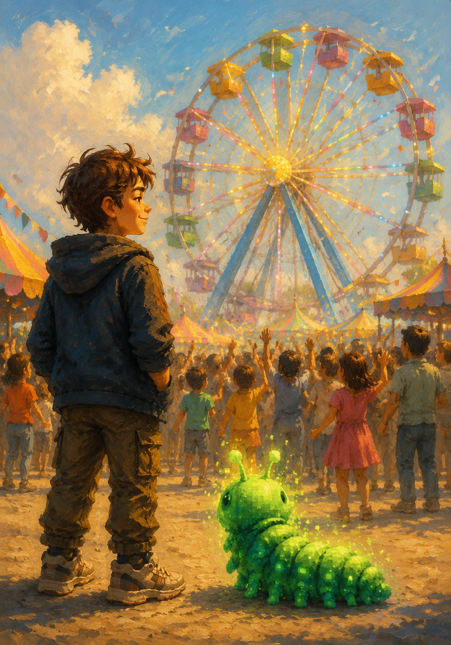 The next morning, the real-world gates opened, and thousands of children and families cheered as the Pixel Carnival came to life without a single hitch. Quentin stood at the edge of the crowd, quietly smiling as he watched the Ferris wheel spin perfectly against the morning sky. No one in the crowd knew his name, but their joy was the only reward he ever needed.