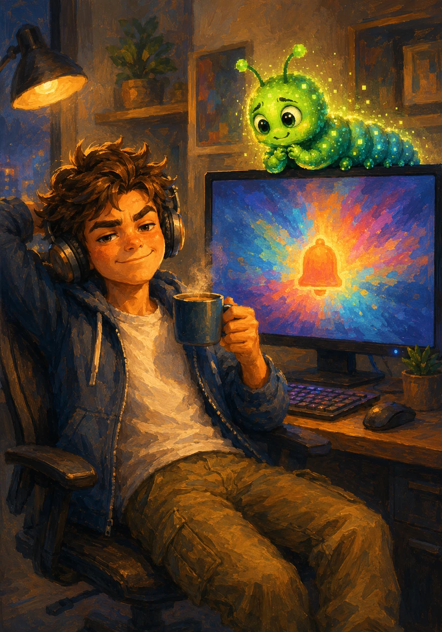 Back at his desk, Quentin enjoyed a fresh cup of tea while his little blue pixel friend rested happily on top of his monitor. A notification chimed on his screen, announcing a brand-new project filled with unexplored digital frontiers and fresh mysteries to solve. With a confident smile, the master QA engineer clicked launch, ready for his next great adventure.