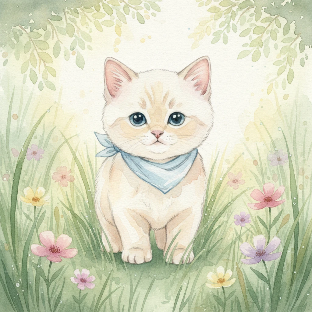 Soffio si sveglia in un prato bagnato di rugiada, dove i raggi del sole filtrano attraverso foglie trasparenti. Le erbe alte e morbide lo avvolgono come un abbraccio gentile, e i fiori selvatici si schiudono in tenui sfumature di rosa e lilla. L'aria è fresca e profuma di terra umida e gemme appena sbocciate, invitandolo a esplorare il mondo intorno a sé.