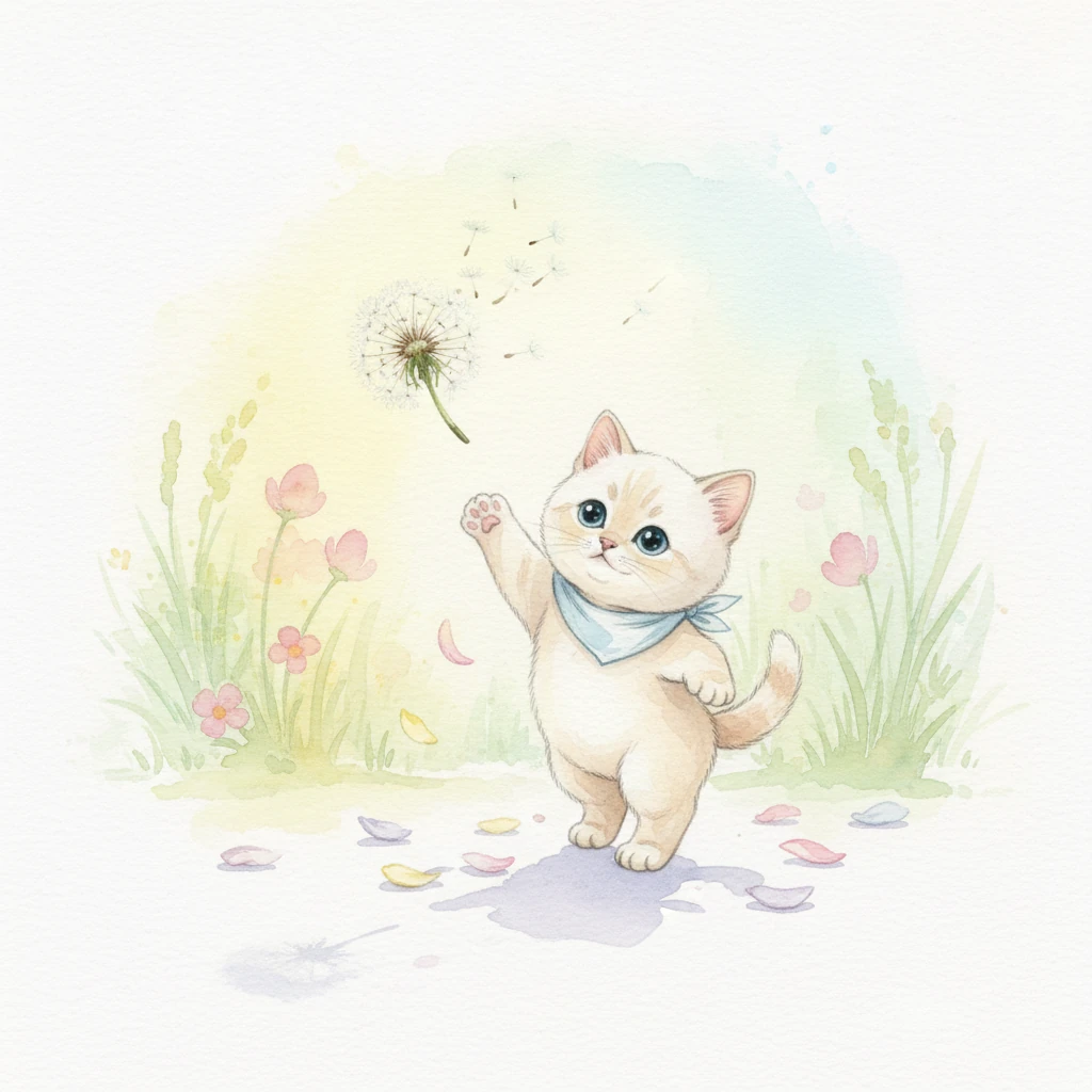 Un soffione leggero, con i suoi semi piumosi, fluttua pigramente nell'aria. Soffio lo segue con occhi curiosi, le zampine che danzano leggere tra i petali caduti e le ombre allungate. Le sue movenze sono agili e gioiose, un piccolo balletto di scoperta in un mondo di meraviglie.