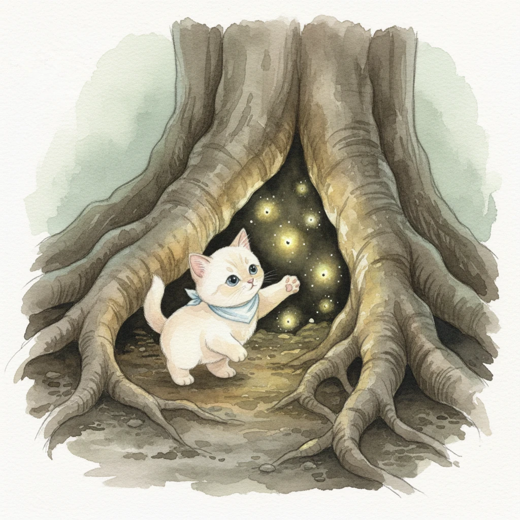 Tra le radici nodose di un vecchio albero, Soffio scopre un piccolo raduno di lucciole. Le loro luci pulsano dolcemente, dipingendo l'ombra con puntini dorati e verdeggianti. Sembrano piccole stelle cadute sulla terra, invitandolo a un gioco silenzioso di luci e ombre.