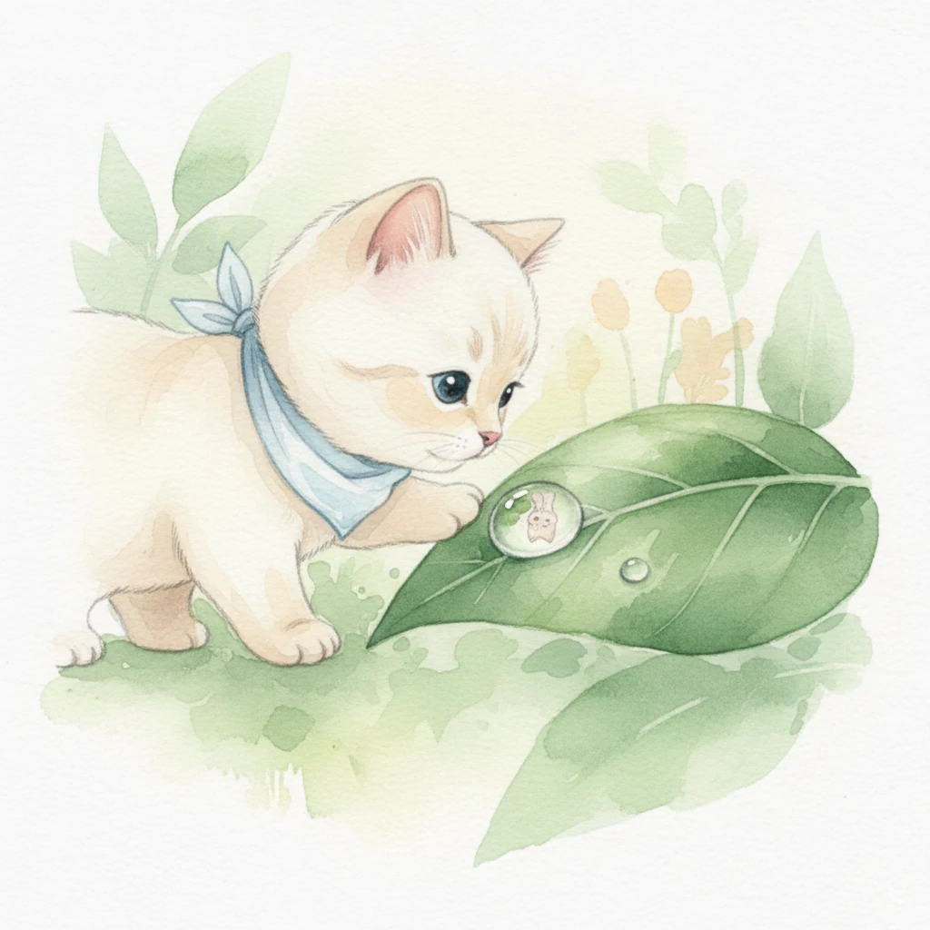 Una goccia di rugiada, brillante come un minuscolo diamante, riposa su una foglia vellutata. Soffio si avvicina con cautela, il suo piccolo naso che sfiora la superficie fredda e lucente. All'interno della goccia, il mondo si riflette capovolto, un universo in miniatura di colori e forme sfumate.