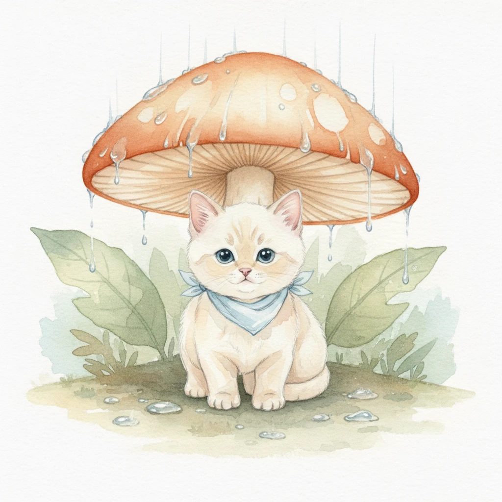 Un improvviso, leggerissimo scroscio di pioggia inizia a cadere, sussurrando tra le foglie. Soffio trova riparo sotto un fungo gigante, dal cappello ampio e morbido, che funge da perfetto ombrello. Le gocce scivolano via come perle liquide, creando un suono rilassante che lo culla.