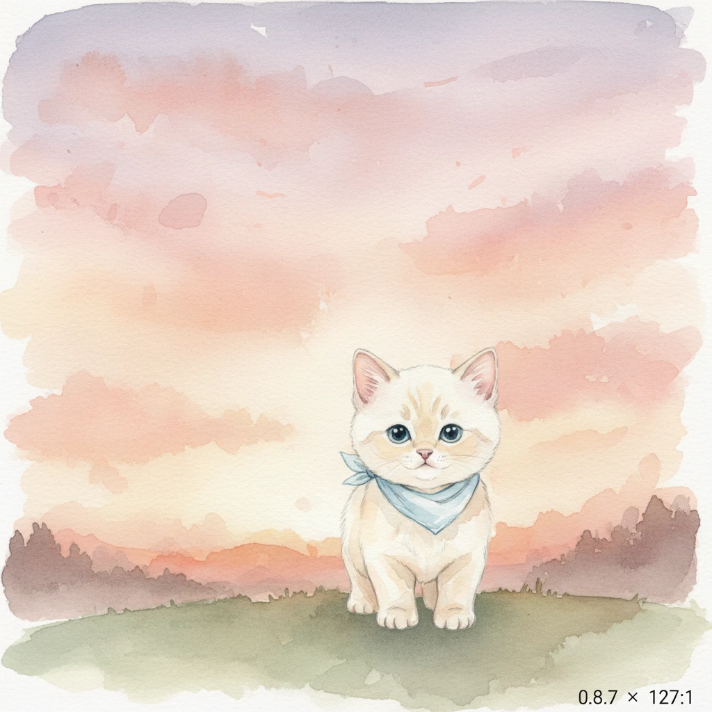 Il cielo si tinge di colori caldi e avvolgenti mentre il sole inizia a tramontare. Rosa, arancio e viola si fondono in un'esplosione di sfumature delicate. Soffio siede in silenzio, le orecchie attente, assorbendo la bellezza di questo spettacolo naturale che dipinge l'orizzonte.