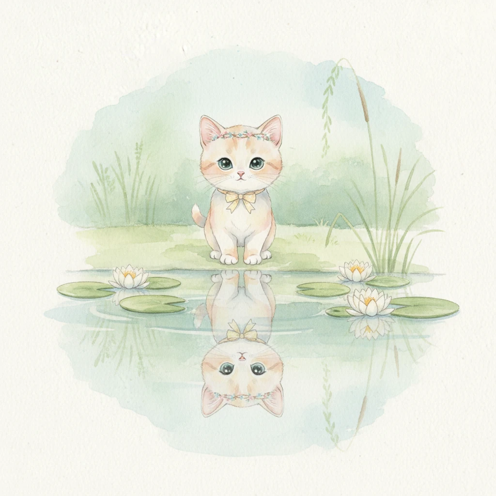 Soffio si avvicina a uno stagno tranquillo, dove ninfee galleggiano come cuscini di seta. La sua immagine si riflette perfettamente sulla superficie specchiante, circondata da petali bianchi e foglie verdeggianti. Per un istante, due gattini sembrano incontrarsi in questo mondo acquatico.