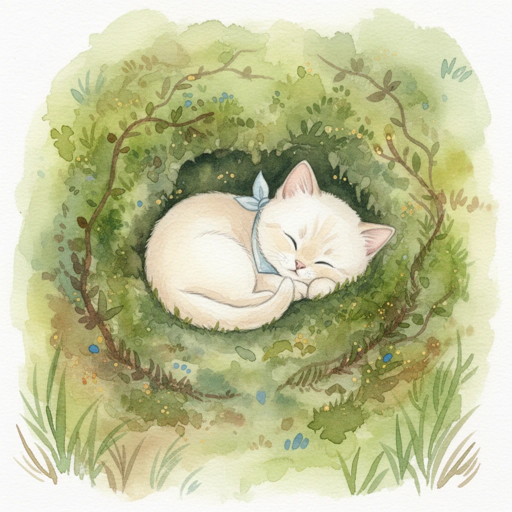 Trovando un piccolo incavo morbido, tappezzato di muschio vellutato, Soffio si raggomitola. Il profumo terroso e la consistenza soffice lo avvolgono in un senso di comfort e sicurezza. È il rifugio perfetto dopo una giornata di piccole avventure e grandi scoperte.