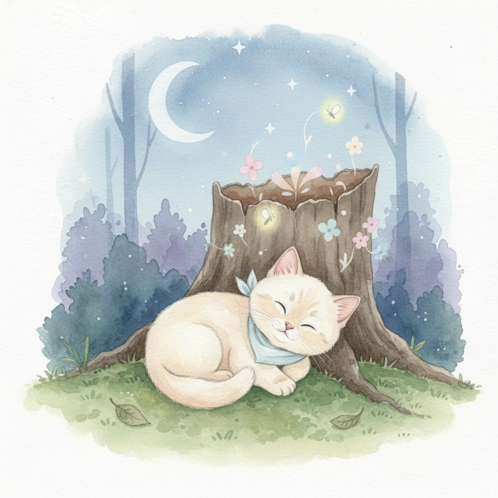 Sotto la luce argentea della luna e il luccichio discreto delle stelle, Soffio si addormenta profondamente. I suoi sogni sono pieni delle immagini delicate e dei suoni gentili della sua giornata. Il mondo intorno a lui dorme, avvolto in un manto di pace e magia silenziosa.