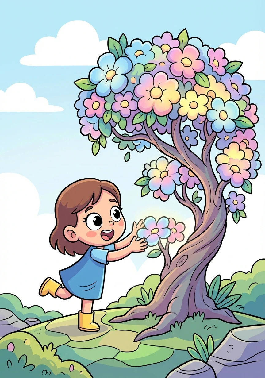 An tìm thấy một cây hoa kỳ lạ, nở rộ những bông hoa đủ màu sắc. Cô bé chưa từng thấy loài hoa nào đẹp đến thế.