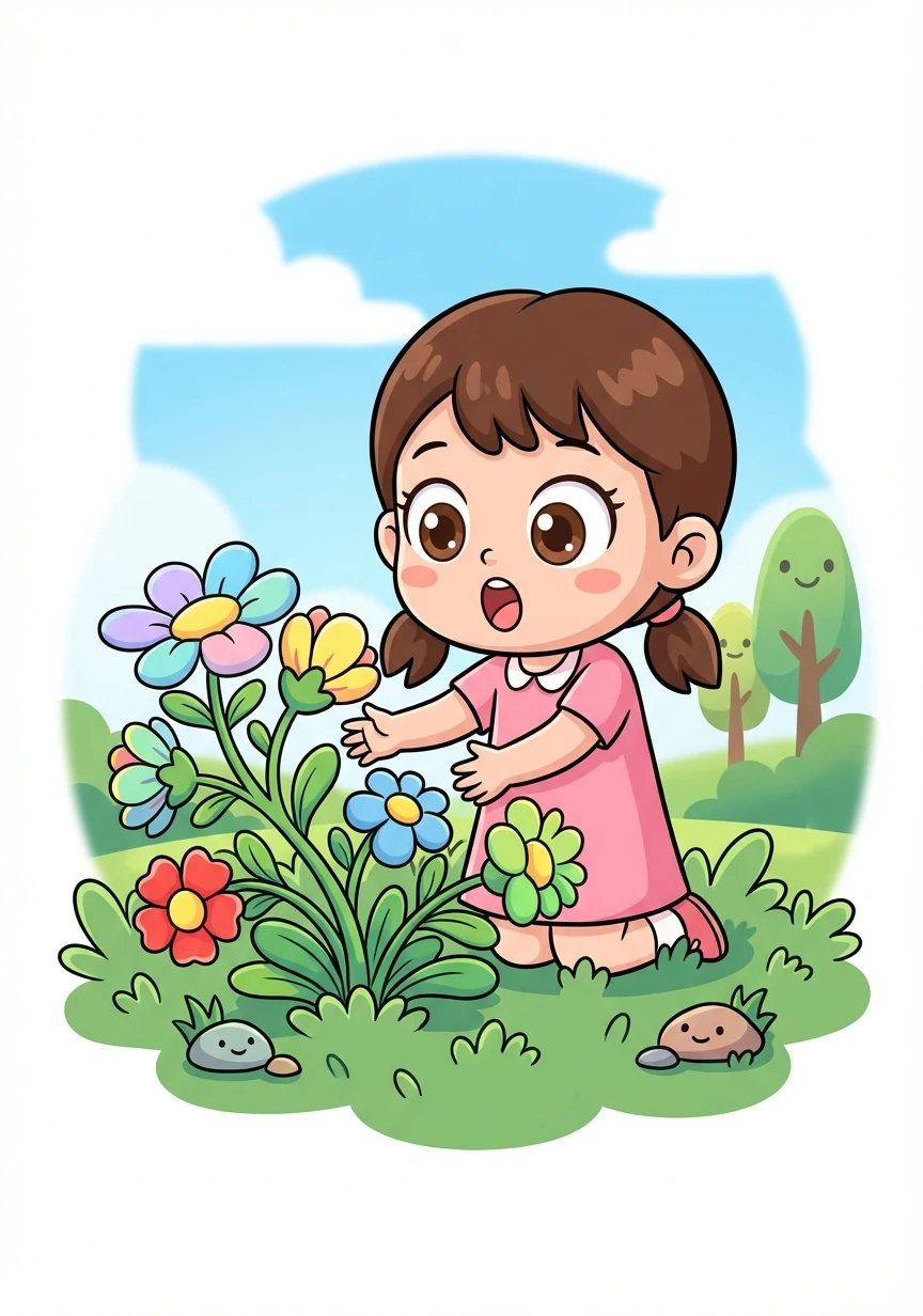 An ngạc nhiên nhìn cây hoa. Cô bé nhận ra rằng, xung quanh mình luôn có thiên nhiên bầu bạn.