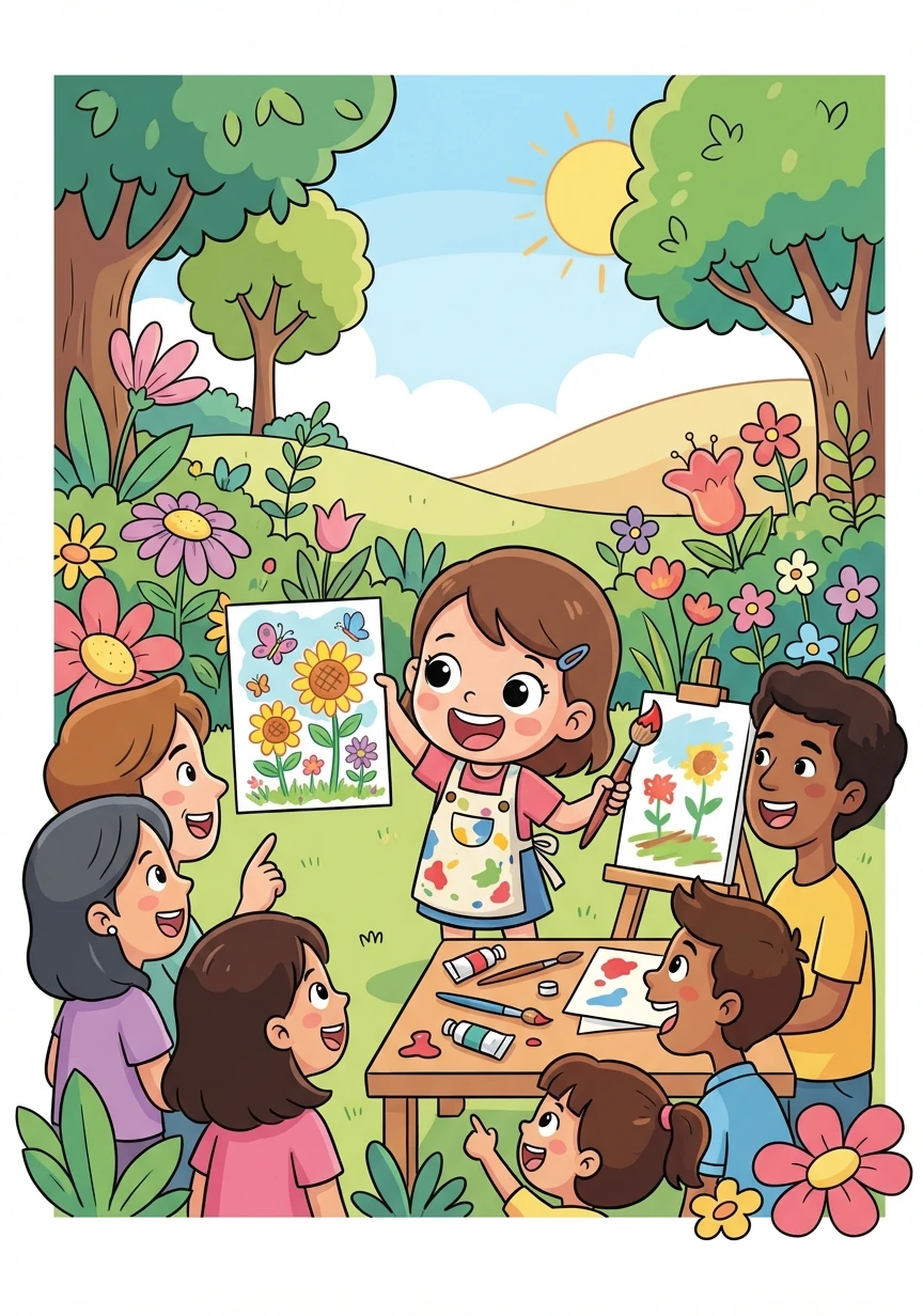 An bắt đầu vẽ những bức tranh về khu vườn. Cô bé chia sẻ những tác phẩm của mình với mọi người.