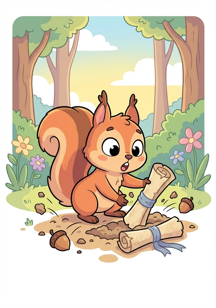 Deep in the Whispering Woods lived a little squirrel named Squeaky. One sunny morning, while burying acorns, Squeaky unearthed something extraordinary – a rolled-up parchment tied with a faded ribbon!