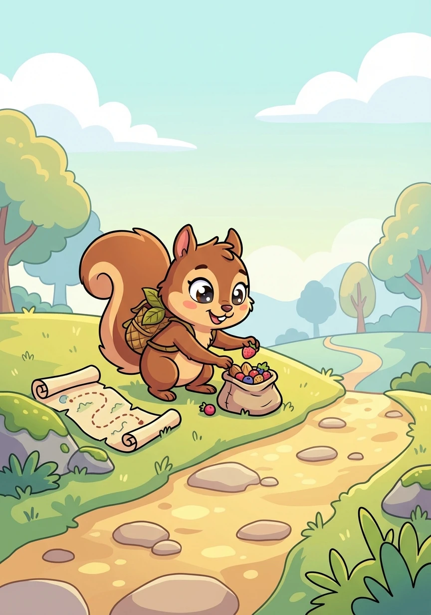 Squeaky decided to embark on the adventure. He packed a small bag with berries and nuts and set off, following the winding path indicated on the map.