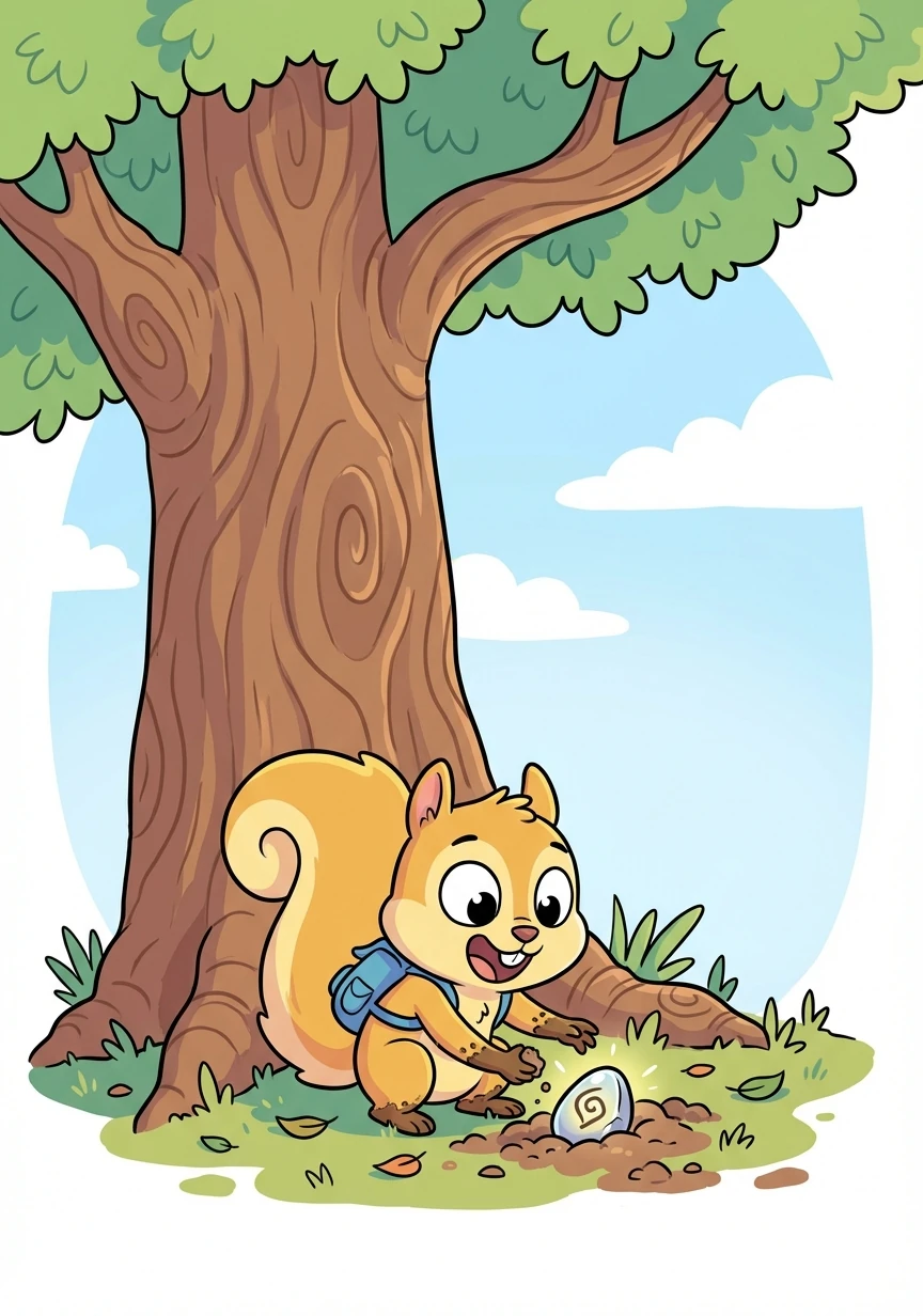 The first clue led Squeaky to the tallest oak tree in the forest. He searched around its base and found a small, shiny stone with another symbol etched into it.