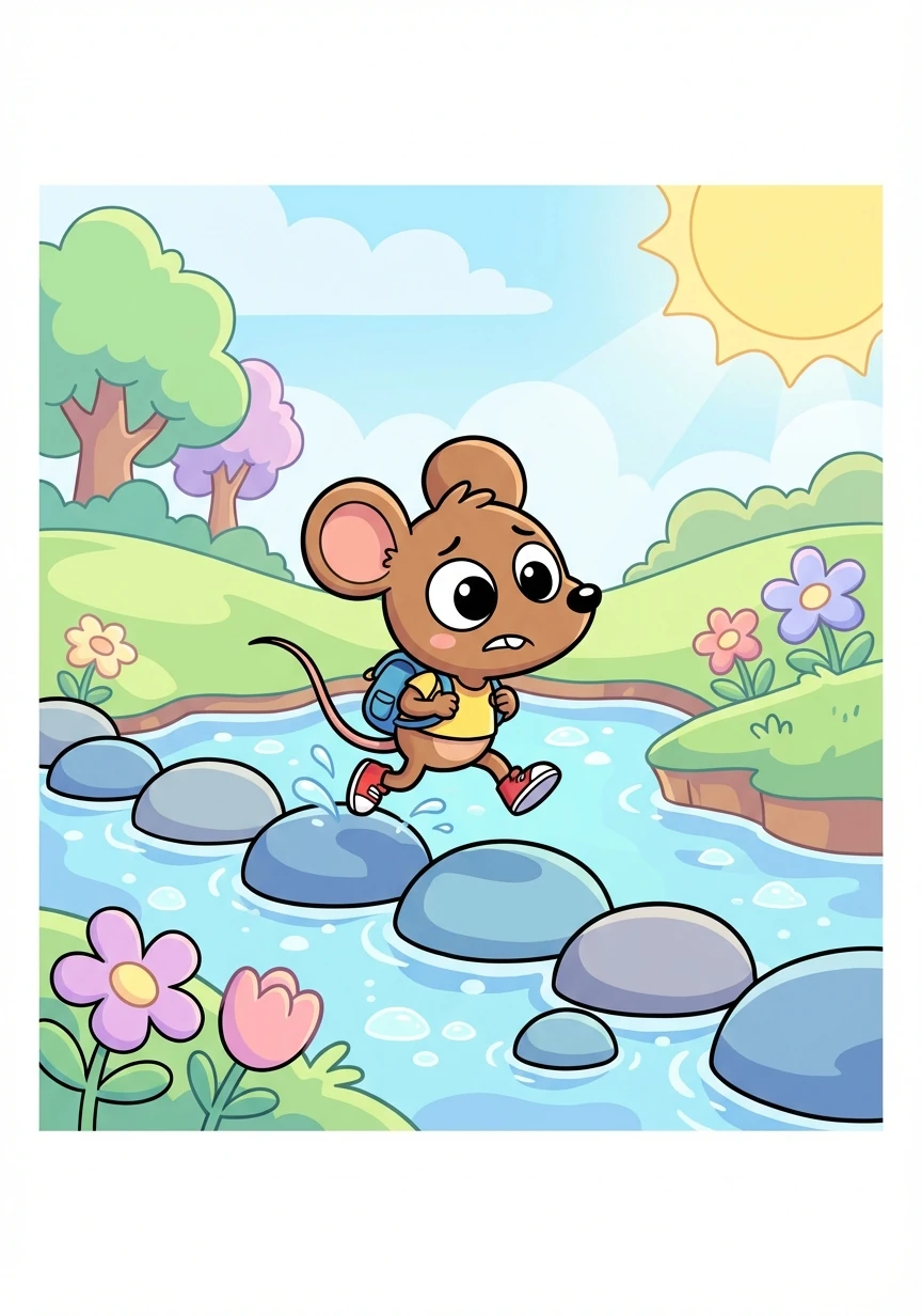 Following the next clue, Squeaky had to cross the babbling brook. He carefully hopped from stone to stone, his little heart pounding with anticipation.
