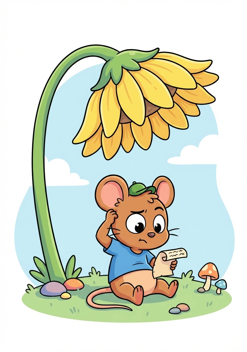 Hidden beneath a giant sunflower, Squeaky discovered a riddle written on a tiny scroll. He pondered over it, scratching his head in confusion.