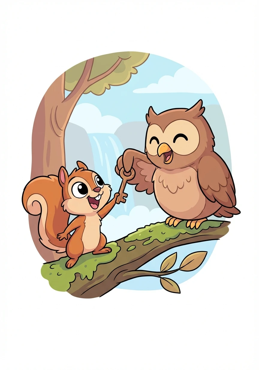 The owl hooted softly and presented Squeaky with the final clue: a small, wooden key. Squeaky knew exactly where it belonged – the old, forgotten burrow near the waterfall!