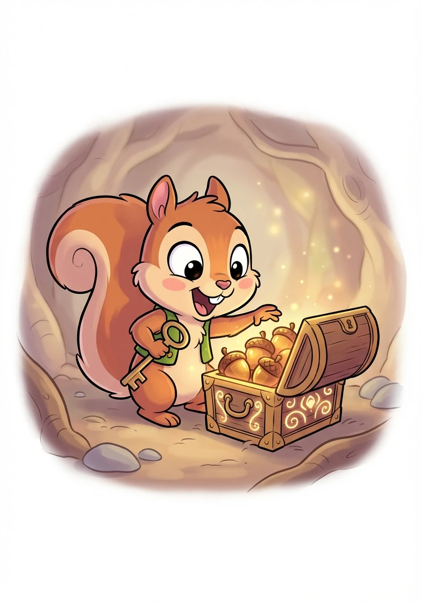 Squeaky raced to the burrow and used the key to unlock a small, wooden chest. Inside, he didn't find gold or jewels, but a collection of shiny acorns – the real treasure for a little squirrel like Squeaky!